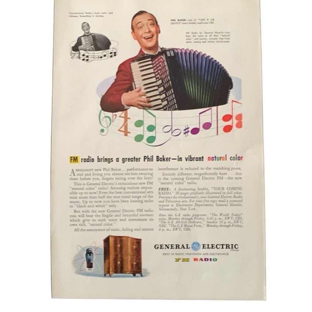 Vintage 1945 General Electric GE FM Radio Phil Baker Ad Advertisement